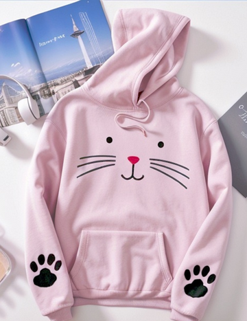 Winter Premium Fleece Cute Cat Pullover Hoodie for Women for Girls