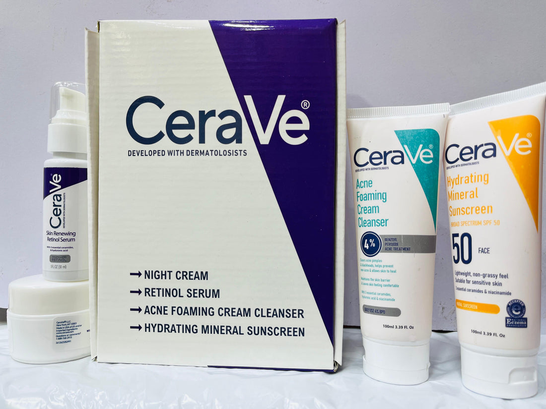 Cerave Skincare Daily Routine Kit 4in1 Whitening Glowing Bright Kit | Cerave Night Cream , Cerave Serum , Cerave Sunscreen & Cerave Acne Cleanser + 1 Free Gift 🥳